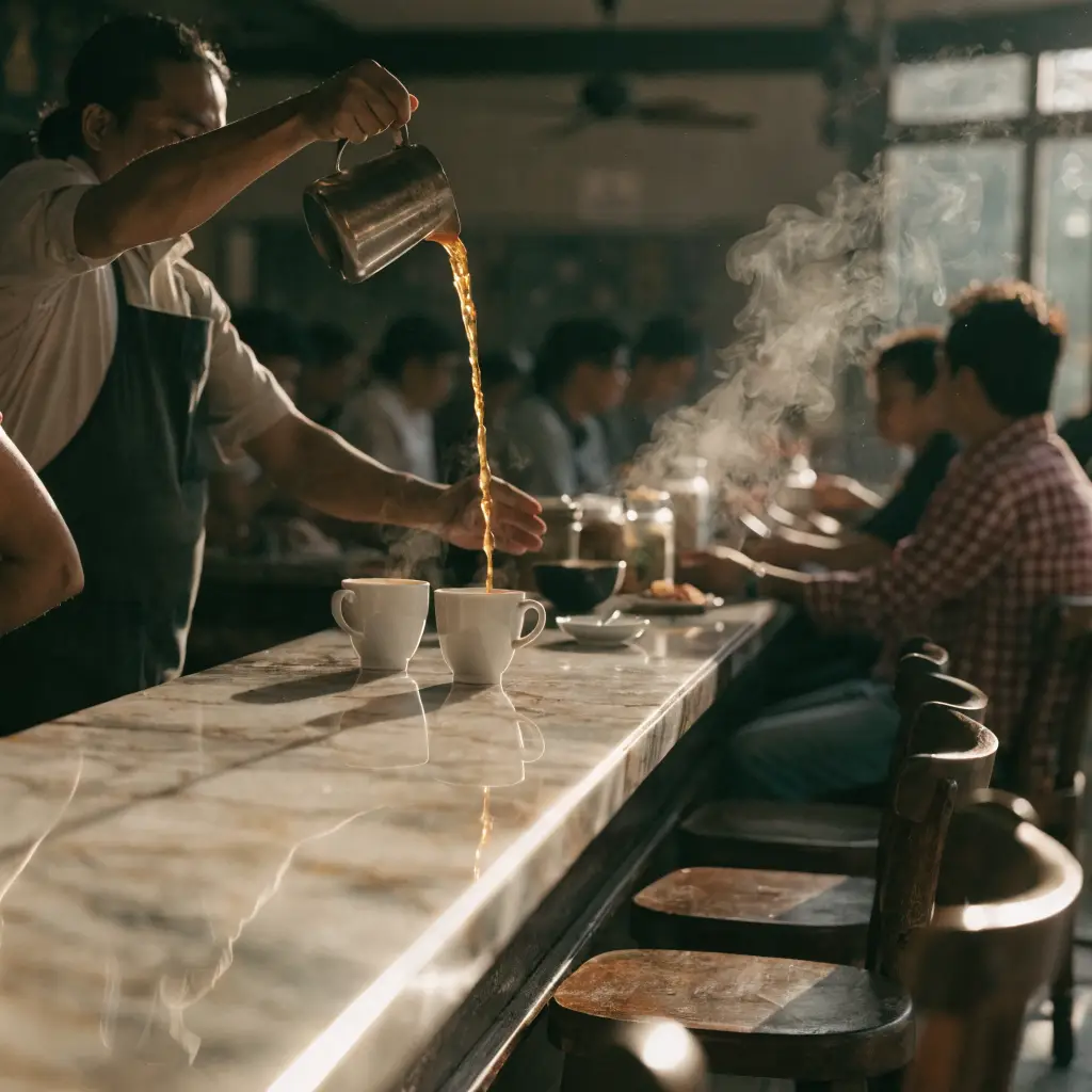Malaysian kopitiam staff pouring teh tarik
