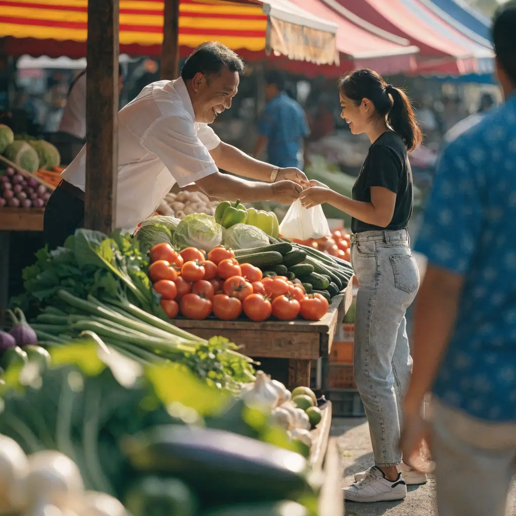 Malaysian wet market stall keeper serving a customer